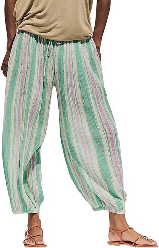 Women Baggy Balloon Barrel Pants Sheer Summer Boho Beach Flowy Drawstring Elastic Waist Wide Leg Striped Harem Pants in Kuwait