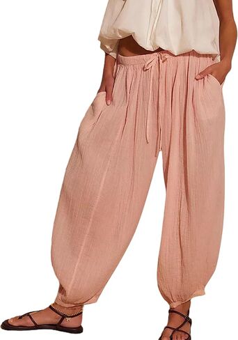 Women Baggy Balloon Barrel Pants Sheer Summer Boho Beach Flowy Drawstring Elastic Waist Wide Leg Striped Harem Pants in Kuwait