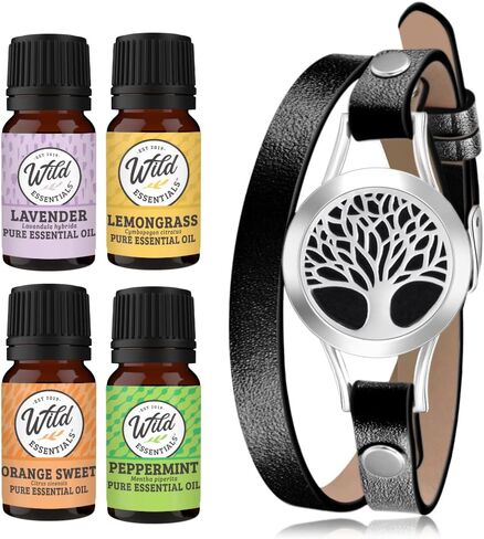 Wild Essentials Tree of Life Essential Oil Leather Wrap Bracelet Diffuser Kit, Gift Set, Lavender, Lemongrass, Peppermint, Orange Oils, 12 Pads, Customizable Color Changing Perfume Jewelry, Black in Saudi Arabia