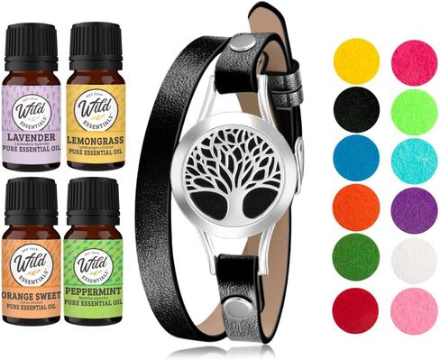 Wild Essentials Tree of Life Essential Oil Leather Wrap Bracelet Diffuser Kit, Gift Set, Lavender, Lemongrass, Peppermint, Orange Oils, 12 Pads, Customizable Color Changing Perfume Jewelry, Black in Saudi Arabia