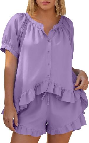 Kissonic Womens Pajamas Set 2 Piece Cotton Puff Sleeve Ruffle Babydoll Shirt Shorts Summer Short Sets in Saudi Arabia