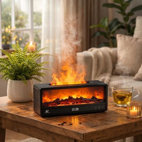 Fireplace Aroma Diffuser for Bedroom Nightstand, Essential Oil Diffuser with Realistic Flame Effect, Remote Control, Timer Auto-Off, 7 Color LED Ultrasonic Aromatherapy Diffuser for Home Office Decor in Kuwait