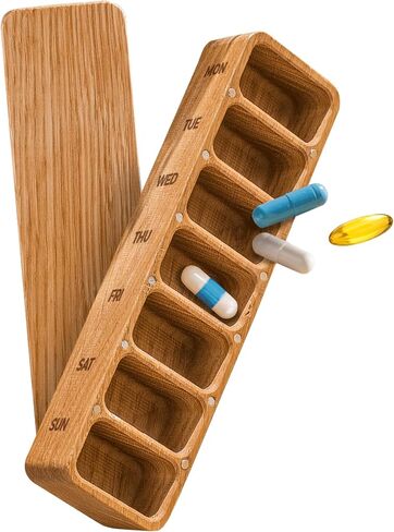 Makety Wooden Pill Organizer, Rectangular Oak Pill Box with Magnetic Lid, 7 Day Vitamin Case, Natural Finish, Plastic-Free (M) in Saudi Arabia