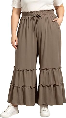 Moon Wood Plus Size Wide Leg Pants Woman Ruffled Hem Tiered Palazzo Pants with Pockets High Waisted Casual Summer Pant in Kuwait