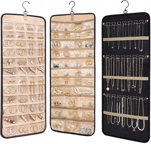 Hanging Jewelry Organizer, 1Pcs Large Double-Sided Jewelry Storage Roll with 48 Pockets and 21 Hooks for Necklaces Earrings Rings, Over the Door Jewelry Organizer with Hanger for Closet Wall in Saudi Arabia
