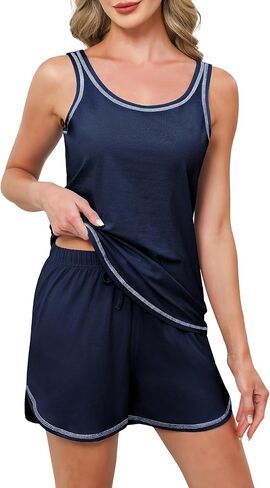 Womens Cotton Pajama Sets Sleeveless Tank Top and Shorts Cotton Sleepwear Soft Summer Lounge Sets for Women in Saudi Arabia