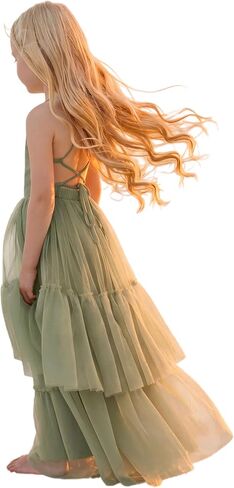 Boho Flower Girls Dress Tulle Backless Ruffle Girls Dress Beach Wedding Tiered Flowy Party Maxi Gown in Kuwait