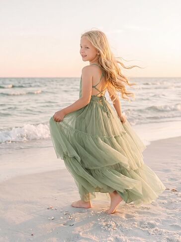 Boho Flower Girls Dress Tulle Backless Ruffle Girls Dress Beach Wedding Tiered Flowy Party Maxi Gown in Kuwait
