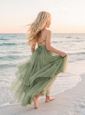 Boho Flower Girls Dress Tulle Backless Ruffle Girls Dress Beach Wedding Tiered Flowy Party Maxi Gown in Kuwait