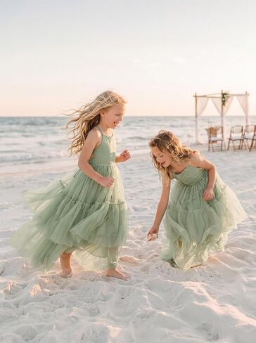 Boho Flower Girls Dress Tulle Backless Ruffle Girls Dress Beach Wedding Tiered Flowy Party Maxi Gown in Kuwait