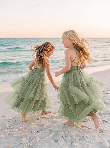Boho Flower Girls Dress Tulle Backless Ruffle Girls Dress Beach Wedding Tiered Flowy Party Maxi Gown in Kuwait