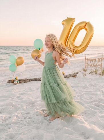 Boho Flower Girls Dress Tulle Backless Ruffle Girls Dress Beach Wedding Tiered Flowy Party Maxi Gown in Kuwait