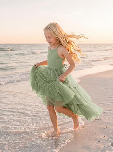 Boho Flower Girls Dress Tulle Backless Ruffle Girls Dress Beach Wedding Tiered Flowy Party Maxi Gown in Kuwait