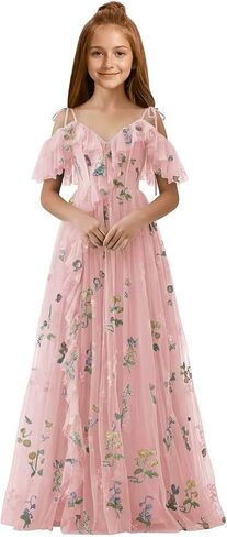 Floral Embroidery Tulle Junior Bridesmaid Dresses with Slit Spaghetti Straps Ruffle Fairy Girls Formal Dress Prom Gown in Saudi Arabia