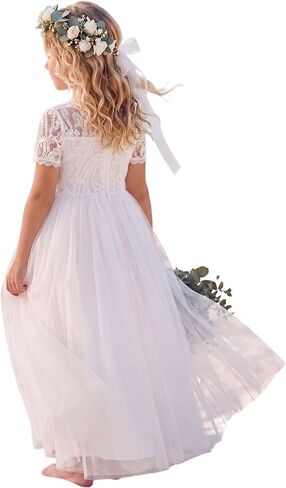 Flower Girl Dress Paisley Lace Tulle A-Line Sleeves First Communion Dress Wedding Party Maxi Gown in Saudi Arabia