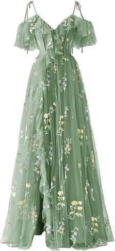 Embroidery Tulle Prom Dresses Formal Gowns 2025 Green Ruched Corset Flower Party Floor Length Dresses for Wpmen Size 16 in Saudi Arabia