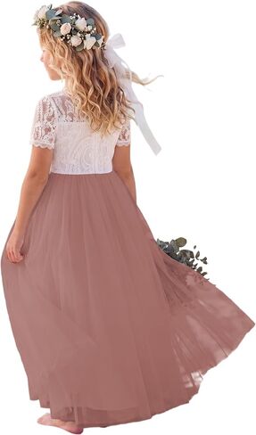Flower Girl Dress Paisley Lace Tulle A-Line Sleeves First Communion Dress Wedding Party Maxi Gown in Saudi Arabia
