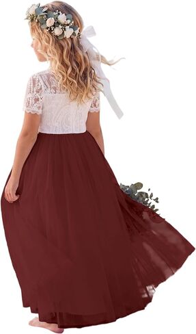 Flower Girl Dress Paisley Lace Tulle A-Line Sleeves First Communion Dress Wedding Party Maxi Gown in Saudi Arabia