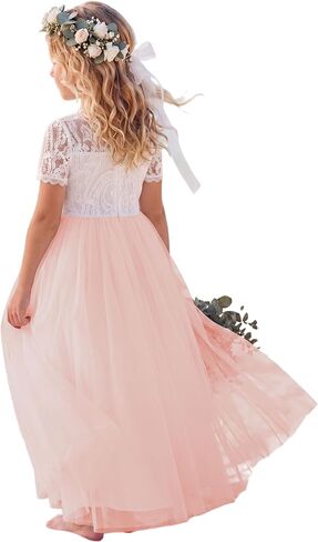 Flower Girl Dress Paisley Lace Tulle A-Line Sleeves First Communion Dress Wedding Party Maxi Gown in Saudi Arabia