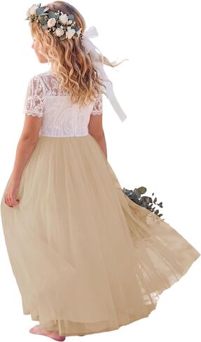 Flower Girl Dress Paisley Lace Tulle A-Line Sleeves First Communion Dress Wedding Party Maxi Gown in Saudi Arabia