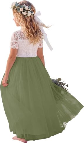 Flower Girl Dress Paisley Lace Tulle A-Line Sleeves First Communion Dress Wedding Party Maxi Gown in Saudi Arabia