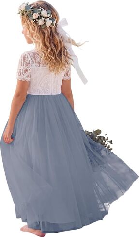 Flower Girl Dress Paisley Lace Tulle A-Line Sleeves First Communion Dress Wedding Party Maxi Gown in Saudi Arabia