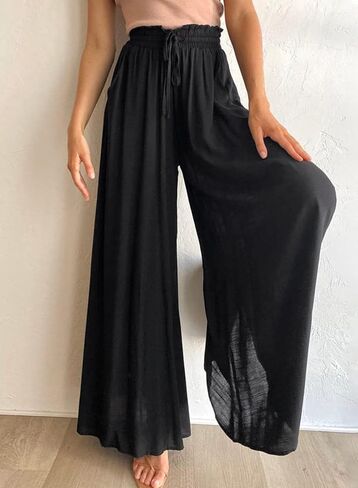 Women Casual High Waisted Pants Palazzo Wide Leg Long Lounge Trendy Trousers in Kuwait