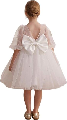 Tulle Flower Girls Dress with Pearls Bow Knot V-Back Contrast Mesh Puff Half Sleeves for Formal Wedding Party in Saudi Arabia