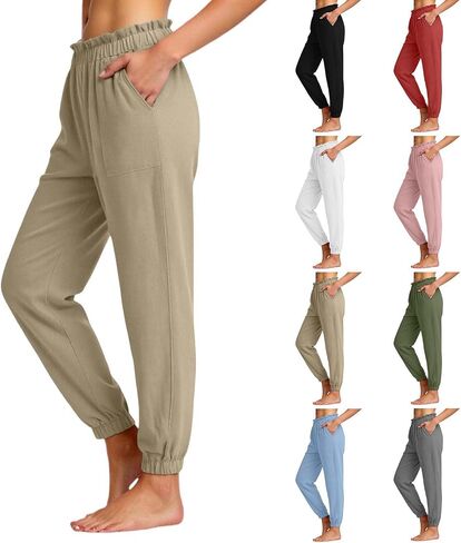 Womens Linen Jogger Pants Lightweight Elastic Cuff Cotton Gauze Lounge Travel Beach Casual Linen Pants with Pockets in Kuwait