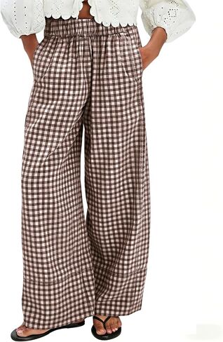 Womens Gingham Pants Wide Leg Elastic Waist Plaid Cotton Trousers Casual Cute Comfy Bottoms with Pockets in Saudi Arabia