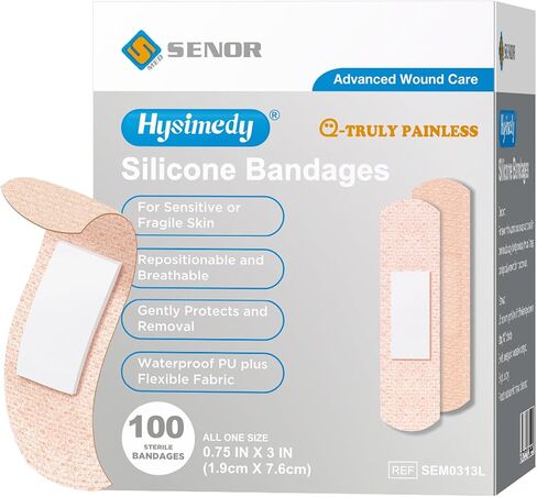 Hysimedy Silicone Bandages for Sensitive Fragile Skin 3/4"x3" 100 Count Flexible Fabric Latex Free Hypoallergenic Breathable Small Bandages for Wounds Easy Painless Removal for Geriatric and Children in Saudi Arabia