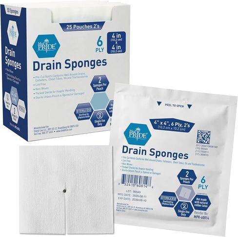 MED PRIDE Sterile Drain Sponges 4" x 4", 6-Ply Non-Woven Gauze with Pre-Cut T-Slit, Highly Absorbent, Latex-Free, 2 per Pouch, 25 Pouches (50 Sponges) for IV, Tracheostomy & Wound Care in Kuwait