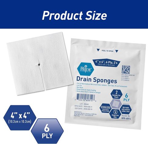 MED PRIDE Sterile Drain Sponges 4" x 4", 6-Ply Non-Woven Gauze with Pre-Cut T-Slit, Highly Absorbent, Latex-Free, 2 per Pouch, 25 Pouches (50 Sponges) for IV, Tracheostomy & Wound Care in Kuwait