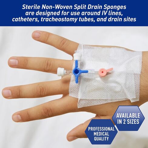 MED PRIDE Sterile Drain Sponges 4" x 4", 6-Ply Non-Woven Gauze with Pre-Cut T-Slit, Highly Absorbent, Latex-Free, 2 per Pouch, 25 Pouches (50 Sponges) for IV, Tracheostomy & Wound Care in Kuwait