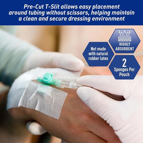 MED PRIDE Sterile Drain Sponges 4" x 4", 6-Ply Non-Woven Gauze with Pre-Cut T-Slit, Highly Absorbent, Latex-Free, 2 per Pouch, 25 Pouches (50 Sponges) for IV, Tracheostomy & Wound Care in Kuwait