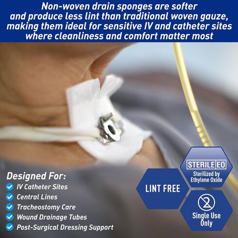 MED PRIDE Sterile Drain Sponges 4" x 4", 6-Ply Non-Woven Gauze with Pre-Cut T-Slit, Highly Absorbent, Latex-Free, 2 per Pouch, 25 Pouches (50 Sponges) for IV, Tracheostomy & Wound Care in Kuwait
