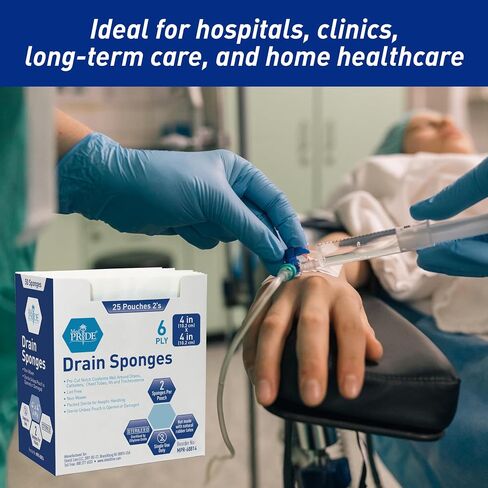 MED PRIDE Sterile Drain Sponges 4" x 4", 6-Ply Non-Woven Gauze with Pre-Cut T-Slit, Highly Absorbent, Latex-Free, 2 per Pouch, 25 Pouches (50 Sponges) for IV, Tracheostomy & Wound Care in Kuwait