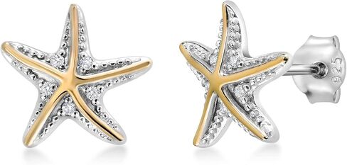 Gem Stone King 925 Sterling Silver and 10K Yellow Gold White Lab Grown Diamond Starfish Stud Earrings For Women | E-F Color and VVS-VS Clarity | 12X12MM in Saudi Arabia