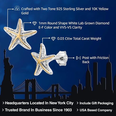 Gem Stone King 925 Sterling Silver and 10K Yellow Gold White Lab Grown Diamond Starfish Stud Earrings For Women | E-F Color and VVS-VS Clarity | 12X12MM in Saudi Arabia