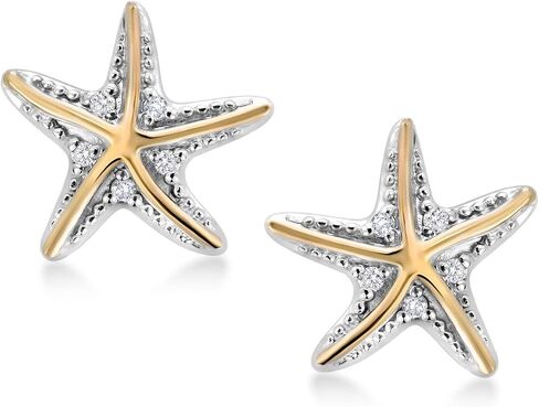 Gem Stone King 925 Sterling Silver and 10K Yellow Gold White Lab Grown Diamond Starfish Stud Earrings For Women | E-F Color and VVS-VS Clarity | 12X12MM in Saudi Arabia