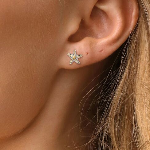 Gem Stone King 925 Sterling Silver and 10K Yellow Gold White Lab Grown Diamond Starfish Stud Earrings For Women | E-F Color and VVS-VS Clarity | 12X12MM in Saudi Arabia
