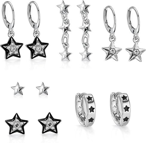 Y2K Earrings Silver Set with Sparkling Rhinestone, 6 Pairs Vintage Grunge Star Earrings for Women, Aesthetic Alt Earrings with Star Designs for Sensitive Ears, Cool Jewelry Gift in Kuwait