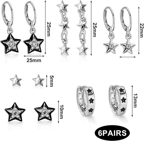 Y2K Earrings Silver Set with Sparkling Rhinestone, 6 Pairs Vintage Grunge Star Earrings for Women, Aesthetic Alt Earrings with Star Designs for Sensitive Ears, Cool Jewelry Gift in Kuwait