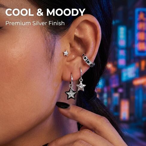 Y2K Earrings Silver Set with Sparkling Rhinestone, 6 Pairs Vintage Grunge Star Earrings for Women, Aesthetic Alt Earrings with Star Designs for Sensitive Ears, Cool Jewelry Gift in Kuwait