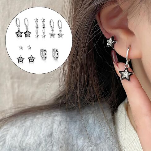 Y2K Earrings Silver Set with Sparkling Rhinestone, 6 Pairs Vintage Grunge Star Earrings for Women, Aesthetic Alt Earrings with Star Designs for Sensitive Ears, Cool Jewelry Gift in Kuwait