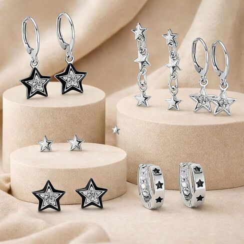 Y2K Earrings Silver Set with Sparkling Rhinestone, 6 Pairs Vintage Grunge Star Earrings for Women, Aesthetic Alt Earrings with Star Designs for Sensitive Ears, Cool Jewelry Gift in Kuwait