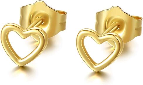 14K Gold Heart Stud Earrings for Women Gold Hollow Heart Earrings, Dainty Valentines Love Studs with Screw Back 5mm in Kuwait