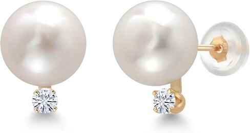 Gem Stone King 14K Yellow Gold Cultured Freshwater Pearls and White Moissanite Stud Earrings For Women | Pearl: 6.5MM | Moissanite: 0.13 Cttw | Round 2.5MM in Saudi Arabia