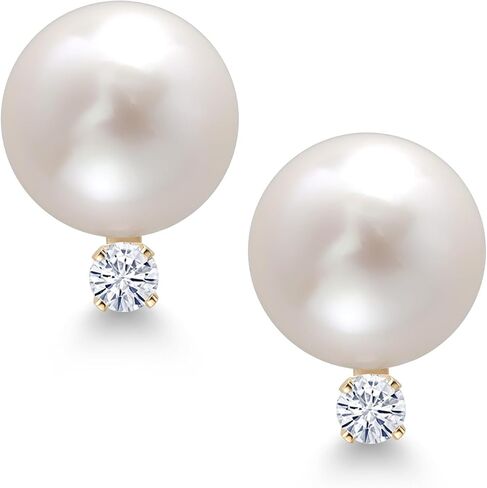 Gem Stone King 14K Yellow Gold Cultured Freshwater Pearls and White Moissanite Stud Earrings For Women | Pearl: 6.5MM | Moissanite: 0.13 Cttw | Round 2.5MM in Saudi Arabia