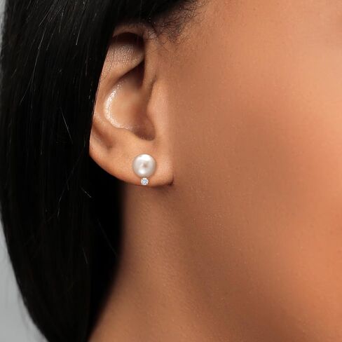 Gem Stone King 14K Yellow Gold Cultured Freshwater Pearls and White Moissanite Stud Earrings For Women | Pearl: 6.5MM | Moissanite: 0.13 Cttw | Round 2.5MM in Saudi Arabia
